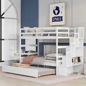 Twin Bunk Beds with Trundle & Stairway Storage - White - Fits Any Room - Picture 1 of 12