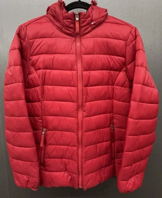 Chaqueta acolchada para mujer roja mascota grande extraíble capucha bolsillos con cremallera viaje Foto 1 de 4