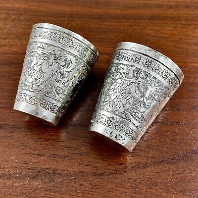 (2) Persian Heavy Gauge .875 Silver Hand Chased Shot Cups Floral Motifs No Mono • 140.95$
