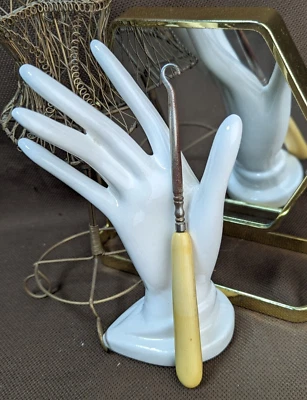 Vintage Shoe Button Hook Boot Celluloid Handle Ivory 7 1/4" Long sweater glove - Image 1 of 4