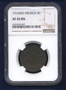 MEXICO ESTADOS UNIDOS  1916  5 CENTAVOS COIN, NGC CERTIFIED XF-45-BN SCARCE DATE - Picture 1 of 2