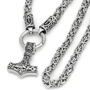 Viking Norse Thors Hammer Chainmail Byzantine Chain Necklace Stainless Steel 28" - Picture 1 of 3