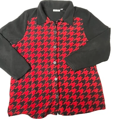 Denim and Co. Mujer Talla L Polar Botón Frontal Chaqueta Negro Rojo Pata de Gallo Abrigo Foto 1 de 4