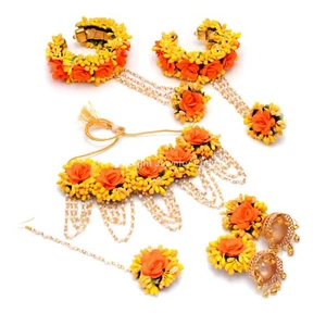 Yellow And Orange Floral Jewelry For Bridal Flower haldi Mehendi baby Shower - Picture 1 of 5