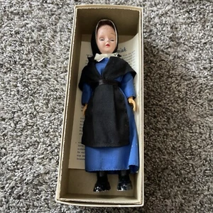 VTG. Hard Plastic Amish Doll / Amish Costume / Blue Dress/ Black Apron 7” - Picture 1 of 9