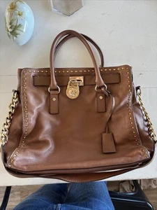 Michael Kors Hamilton Tan Leather Large Satchel Shoulder Bag W Lock and Key - Picture 1 of 10