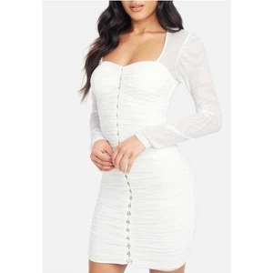 Bebe Rüschen Langarm Bodycon Minikleid weiß XXS Frontverschluss sexy Braut - Bild 1 von 12