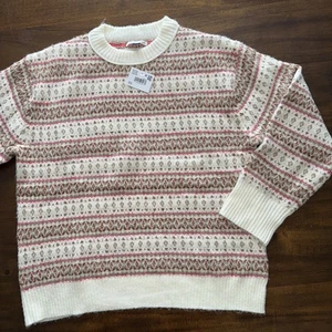 NWT American Eagle Sweater Womens Medium Ivory Fair Isle Cozy Knit Crewneck - Picture 1 of 8