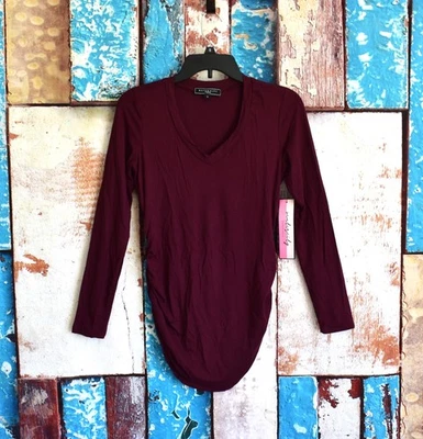 Women's Maternity Vibes T-Shirt Long Sleeve V-Neck Top SMALL Maroon NEW - Image 1 of 4