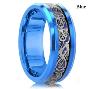 Men’s Stainless Steel Wedding Band Ring Dragon Pattern Inlay Blue Carbon Fiber - Picture 1 of 3