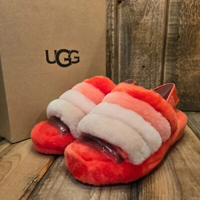 UGG FLUFF YEAH SLIDE ЖЕНЩИН США 6 ШЕРСТИ ТАПОЧКИ САНДАЛИИ ОРАНЖЕВЫЙ ЛАВОВЫЙ ПОТОК SLINGBACK - Изображение 1 из 4