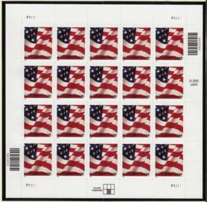 2002 FLAG Sc 3621 MNH full sheet of 20 (37c) self-adhesive, plate number P1111 - Picture 1 of 1