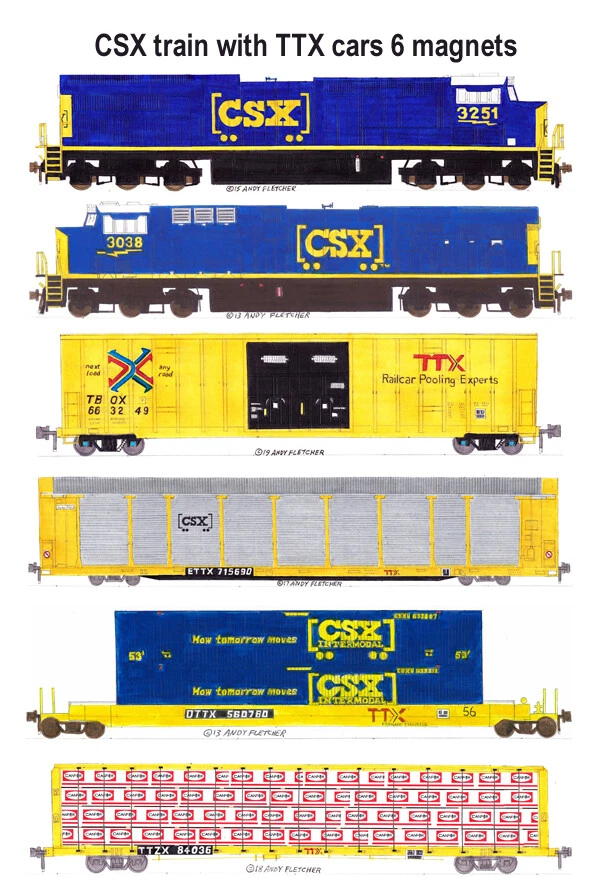 Caja de rieles CSX TTX, tren de carga Rail Gon 6 imanes Andy Fletcher Foto 1 de 1