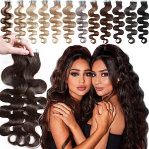 Invisible Tape In Skin Weft Real Remy Human Hair Extensions Wavy Thick Glue 150G - Picture 1 of 57