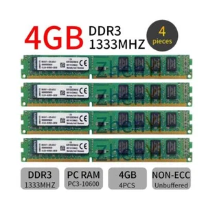 Kingston 16GB 4x 4GB DDR3 1333MHz PC3-10600U KVR1333D3N9/4G Desktop Memory SDRAM - Picture 1 of 7