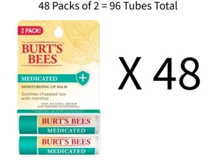 48 2-Packs Burt's Bees 100% Medicated Moisturizing Lip Balm X6/26 Wholesale Lot - Picture 1 of 7