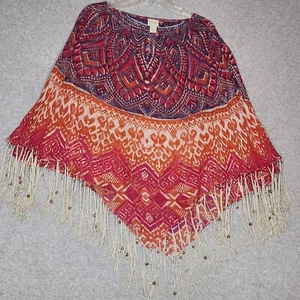 Chicos Phoebe Poncho Linen Sheer Gauzy Beaded Fringe Southwestern Hippie Boho OS - Picture 1 of 6