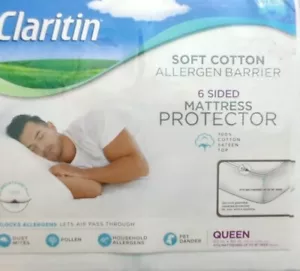 Claritin Ultimate Mattress Protector Queen 6 Sided Hypo-Allergenic White Cotton - Picture 1 of 2