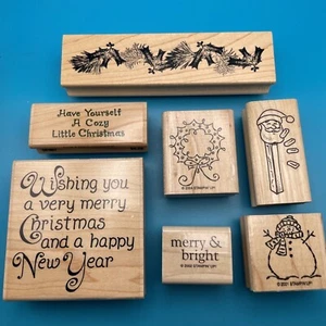CLUB SCRAP & Stampabilities RUBBER STAMP Lot of 7, Christmas Santa Pez Holly - Picture 1 of 4