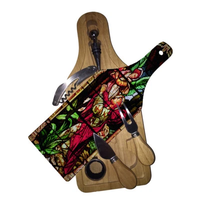 Cutting Board Wine and Glass Cheese Board Gift Set Angels Offering Stain Glass - Image 1 of 3