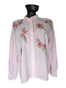 Topshop Pink Floral Shirt, Embroidered Flower Long Sleeve Shirt, Size UK 10 - Picture 1 of 7
