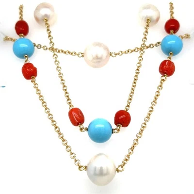 18k Yellow Gold Cultured Pearl, Turquoise Bead, Coral Bead Chain Necklace 38" - Image 1 of 4