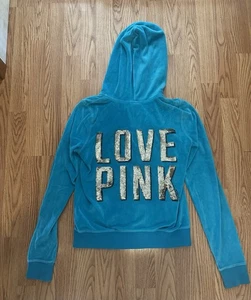 Victoria’s Secret Pink Vintage Blue Velour Sequin Gold Bling Hoodie S - Picture 1 of 5