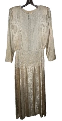 Vintage Jessica McClintock Dress 20s Flapper Style Floral Silk Nude Lace Maxi S - Image 1 of 4