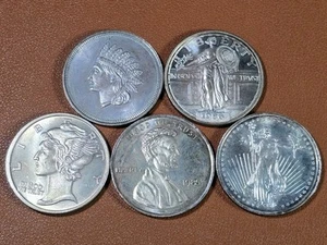 1980's Vintage Famous Coin Designs 5x 1oz Silver Rounds Toned - Picture 1 of 2