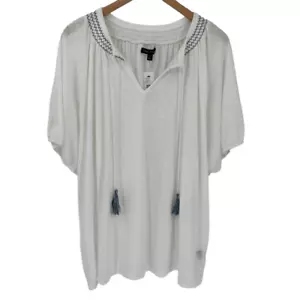 Lane Bryant Split Neck Tassel Tie Short Sleeve Blouse Women 22/24 White Blue NWT - Picture 1 of 7