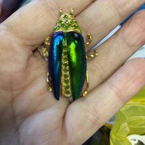 VTG Blue Green Jewel Beetle Wings, Diopside & Ruby Brooch Silver 925 Sterling - Picture 1 of 12