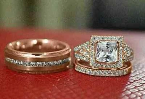 2.5Ct Princess Cut Lab Created Diamond Trio Ring Set 14K Rose Gold Plated Silver - Picture 1 of 6