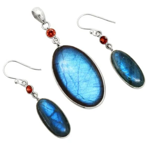 Blue Fire Labradorite & Garnet 925 Silver Pendant Earrings Jewelry Set T-1010 - Picture 1 of 5