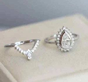 2.15 Ct Pear Cut Simulated Diamond Engagement Ring With Band Set 14k White Gold - Picture 1 of 3