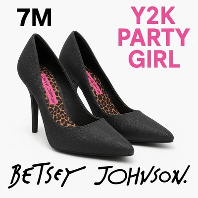 Y2K Betsey Johnson Black Glitter Stiletto Heels Women’s 7M Party Club Pumps - Image 1 of 4