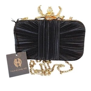 Pochette House of Harlow 1960 nera e oro con chiusura floreale nuova con etichetta - Foto 1 di 11