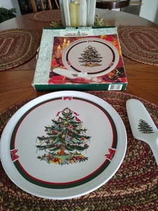 Ribbons And Trees Holiday Stoneware Cake Plate And Server Christmas - Picture 1 of 12