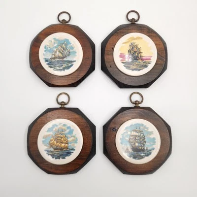 MCM Dark Wood Octagonal Tile Plaques (4) Nautical Sailing Wall Art Jerry Schultz - Image 1 of 4