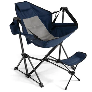 Hammock Camping Chair Swinging Camping Recliner with Retractable Footrest Navy - Picture 1 of 9