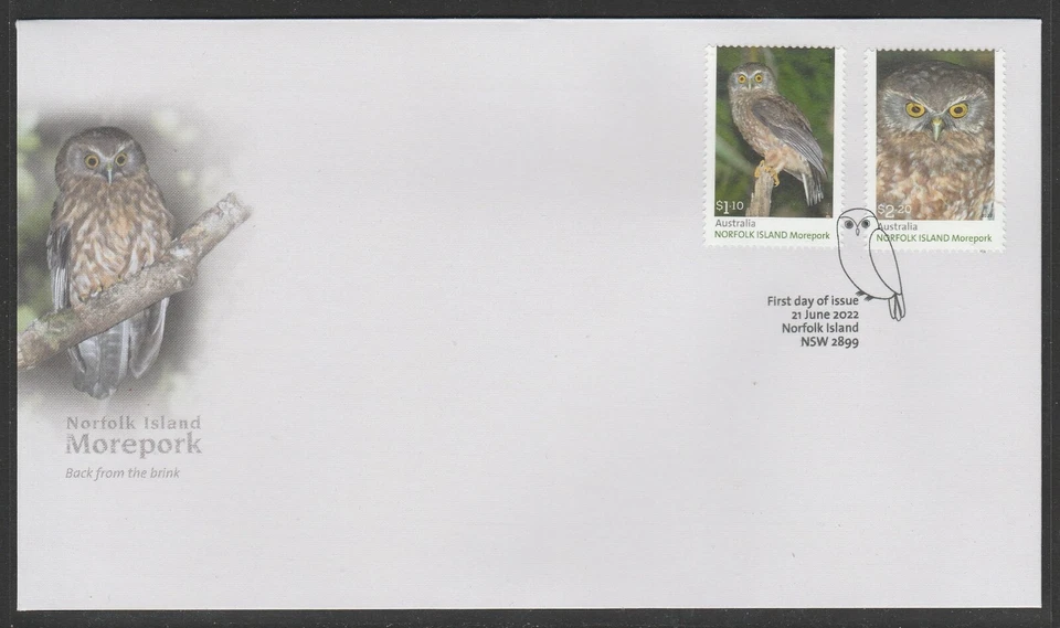 NORFOLK Island - 2022 MOREPORK Bird Design Set de 2 V F Usado en FDC - Vida Silvestre Foto 1 de 1