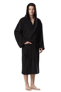 Men's Hooded Mid Calf Length Turkish Cotton Spa Bathrobe Towel Robe - Picture 1 of 21
