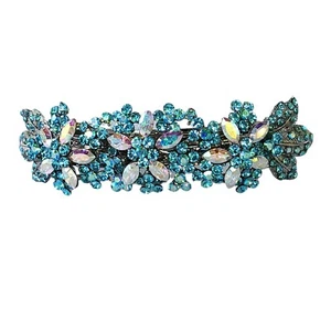 Vintage Hair Clip Barrette Ice Blue & Colorless Rhinestones 4.25 Beautiful Bride - Picture 1 of 9