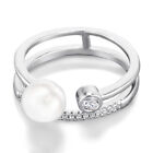 Samie Collection White Gold Plated Shell Pearl with CZ Stacked Open Fashion Ring