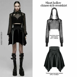 Punk Rave Women Punk Short Hollow Mesh Long Sleeve Sweatshirt Hooded Black Tops - Picture 1 of 21