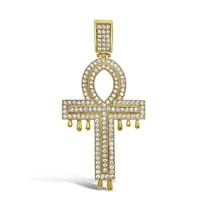 Egyptian Ankh Cross Dripping Pendant Mens Charm 10k Yellow Gold CZ 2.2 inch - Picture 1 of 3