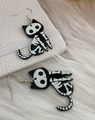 Skeleton Black Cat Acrylic Earrings - Halloween - Image 1 of 2