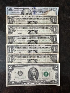 U.S. BIRTHDAY NOTE COLLECTION – 7 Notes – $100, $2, and $1 Bills $107 Face Value - Picture 1 of 4