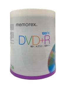 Memorex DVD+R Medios Digitales 16X 4.7GB 120Min Paquete de 100 Fábrica NUEVO SELLADO - Imagen 1 de 2