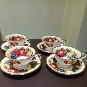 X4 Queens Fine Bone China England Antique Fruit Tea Cups and Saucers - Picture 1 of 8