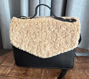 Gap NWT Faux-Fur Accordion crossbody Black Bag With Brown Sherpa Purse Y2K New - Picture 1 of 14